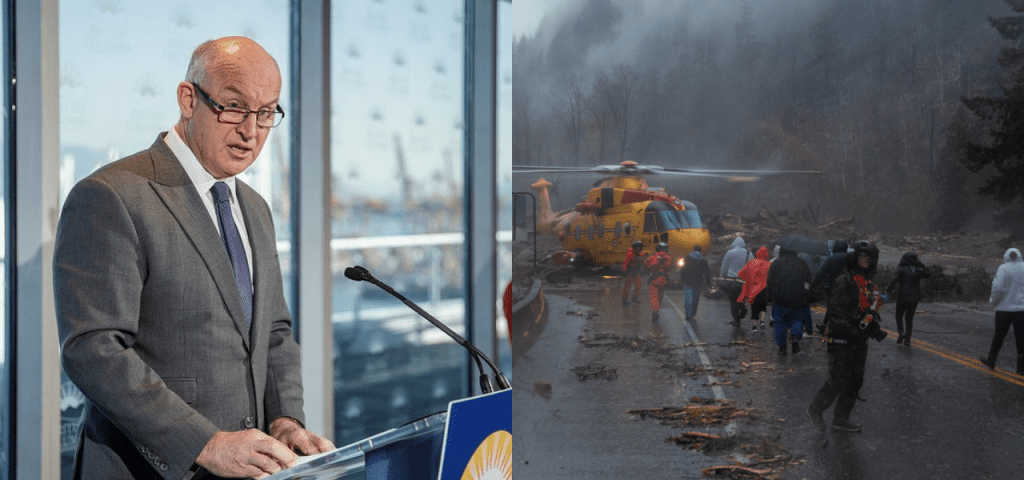 Side by side image of Mike Farnworth at press conference and helicopter evacuations in yellow helicopter with people being helped on.