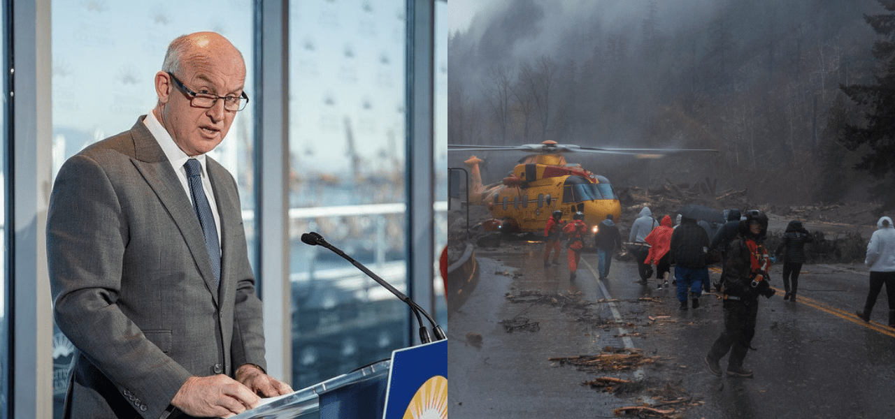Side by side image of Mike Farnworth at press conference and helicopter evacuations in yellow helicopter with people being helped on.