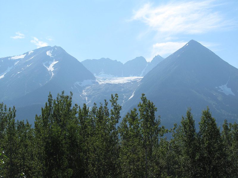 Mountain view with blue sky and green trees in the foreground
