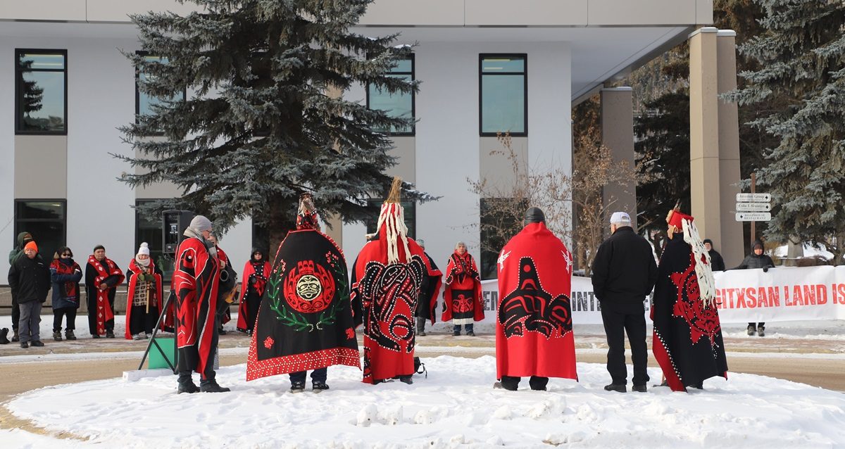 Gitxsan and Wet'suwet'en hereditary chiefs rally in Smithers B.C. March 6 2024 during a sentencing hearing for chief Dtsa'hyl