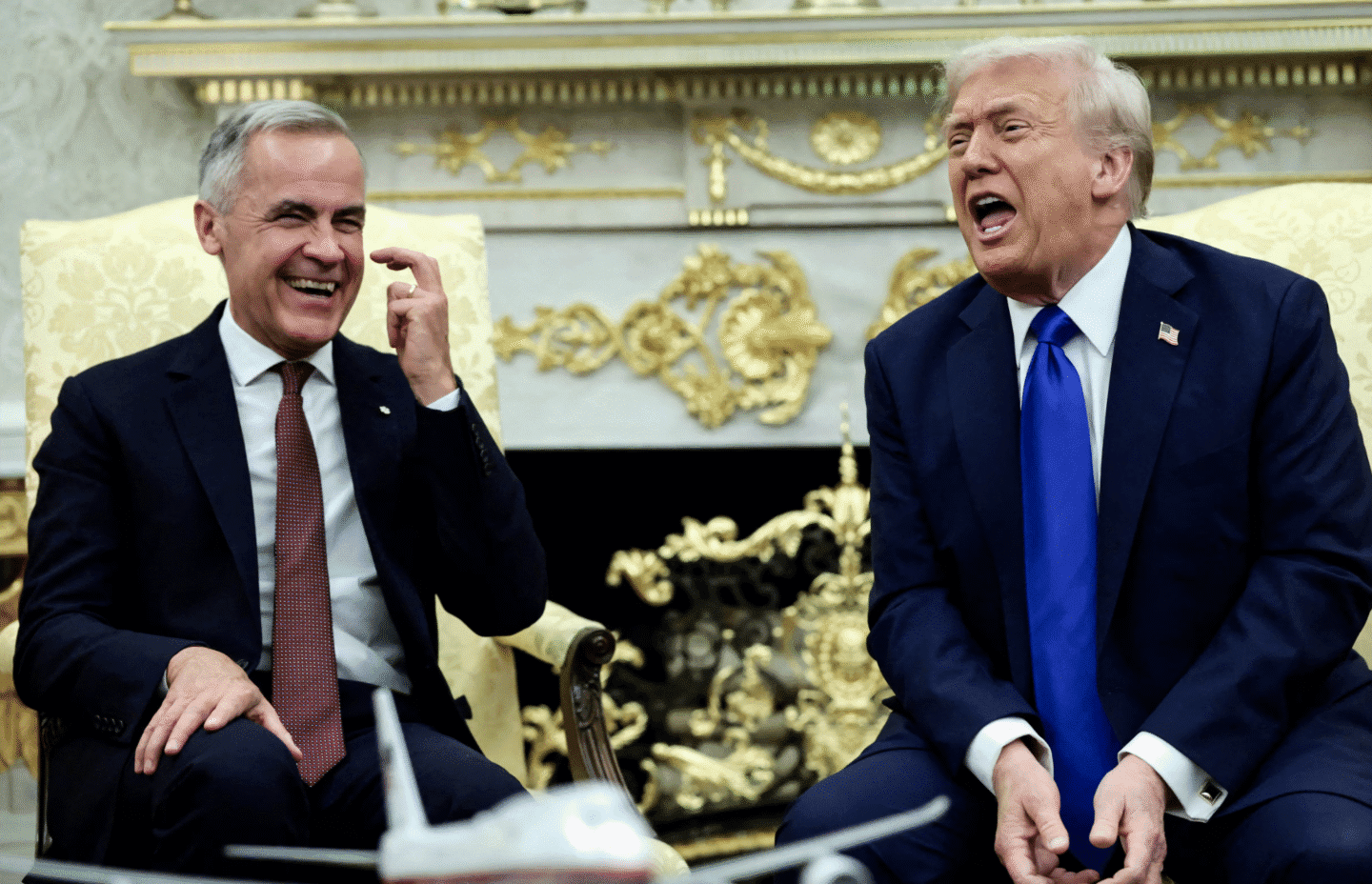 Mark Carney and Donald Trump laughing in the White House.